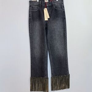Alice + Olivia Black Boyfriend Jeans with Fringe